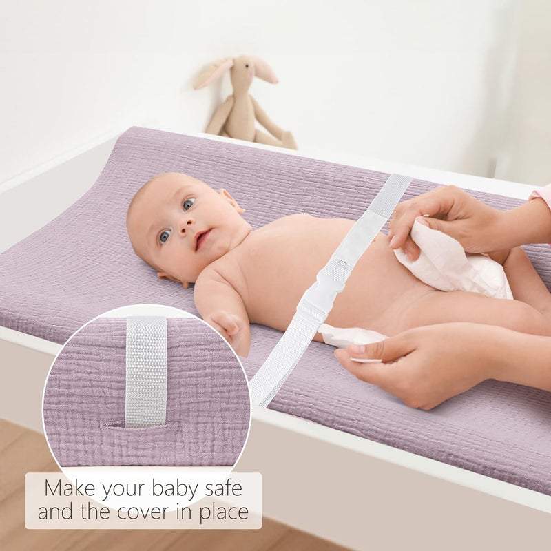 Bearmoss Changing Pad Cover, 2 Pack Muslin [100% Cotton] Diaper Changing Table Covers, 32'' x 16'' Soft Breathable Changing Pad Sheets for Unisex Baby Girls and Boys with Strap Holes (Candy Floss) - Image 3